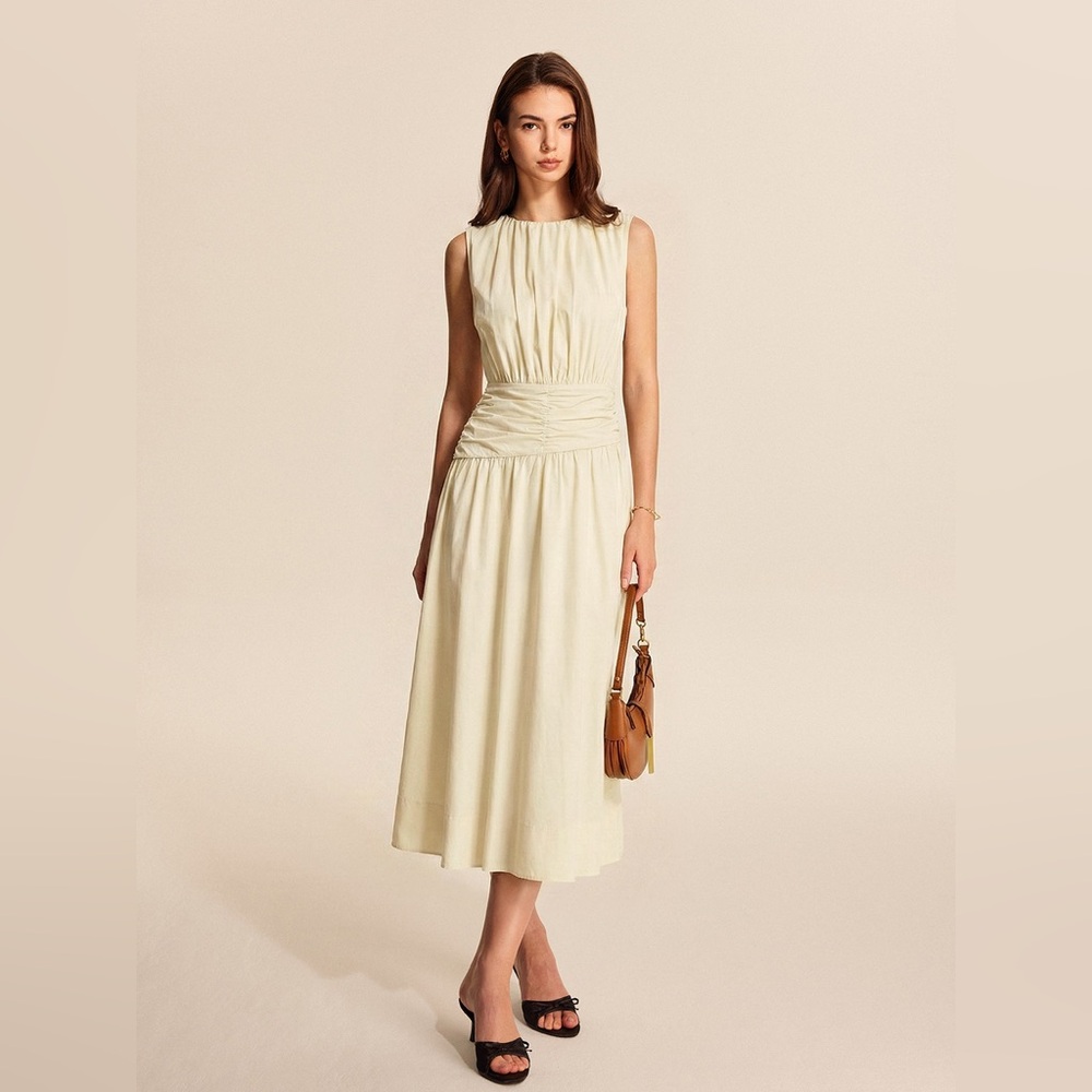 Commense Sleeveless Ruched Waist Midi Dress